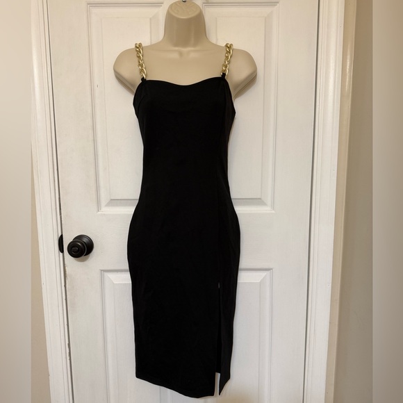 NWT Fashion Nova Black Chain Strap Bodycon Midi Dress S - Picture 2 of 8